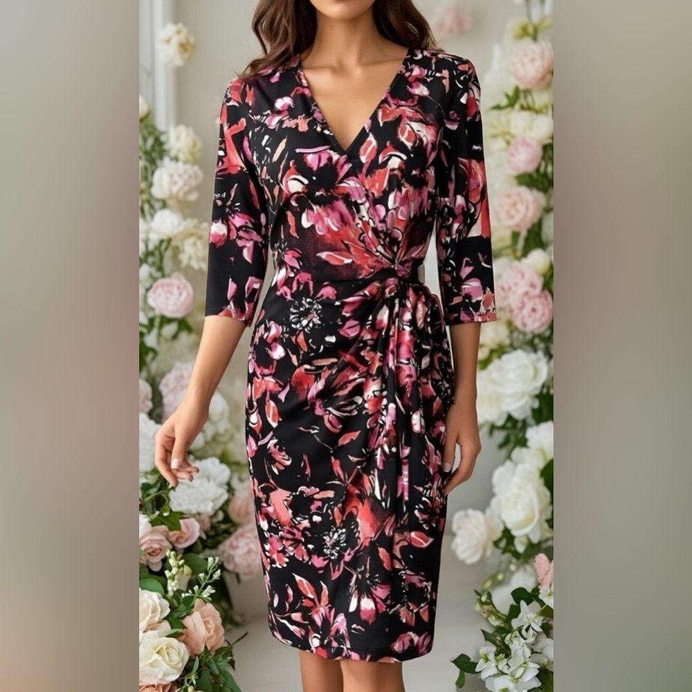 Donna Morgan Wrap Dress Black 3/4 Sleeve Pink Floral Date Wedding